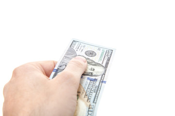 Hand out hundred dollar note. All on white background