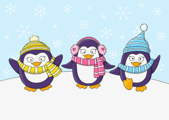 Cute penguins on snow background 