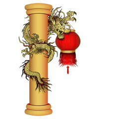 Vector illustration Traditional Chinese dragon with Chinese lanterns in the paw on the pole. Isolated object can be used with any image or separately.