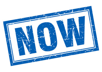 now blue square grunge stamp on white