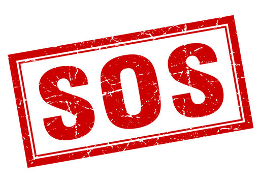 sos red square grunge stamp on white