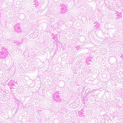 Floral pink background. Seamless texture with flowers and greene