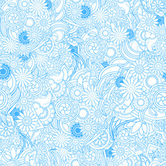 Floral blue background. Seamless texture with flowers and greene