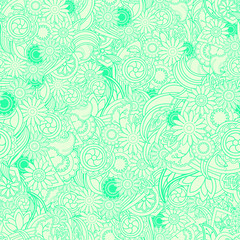 Floral light green background. Seamless texture with flowers and