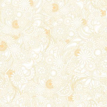 Floral yellow background. Seamless texture with flowers and gree
