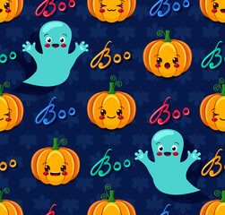 Vector illustration of Halloween seamless pattern with cute pumpkins and spooks