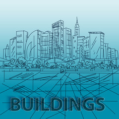 Sketch houses and building. Minimalism contours in vector. Blue