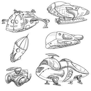 futuristic flying ships sketch. Vector fantastic objects