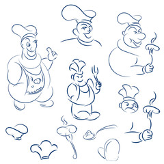 Set cartoon chefs. Cartoons for the menu. Outline drawings funny face. Vector collection for restaurant. Sketch cartoons for the menu