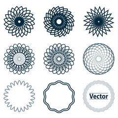 Set fractal and swirl shape element. Vintage monochrome different objects. Vector decorative sample. Diaphragm, border, outline blue color in white background