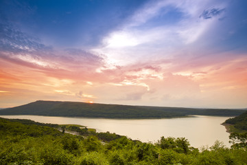 Fototapeta na wymiar Lam Takong reservoir dam at sunset