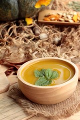 Pumpkin soup is delicious and fresh sliced pumpkin.