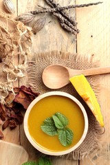 Pumpkin soup is delicious and fresh sliced pumpkin.