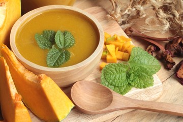 Pumpkin soup is delicious and fresh sliced pumpkin.