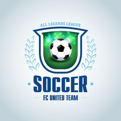 Obraz premium Soccer logo. Green and dark blue soccer football badge logo design template, sport logotype template. Soccer Themed T shirt. Football logo. Vector illustration.
