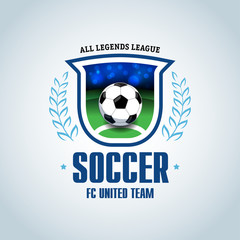 Soccer logo. Green and dark blue soccer football badge logo design template, sport logotype template. Soccer Themed T shirt. Football logo. Vector illustration.