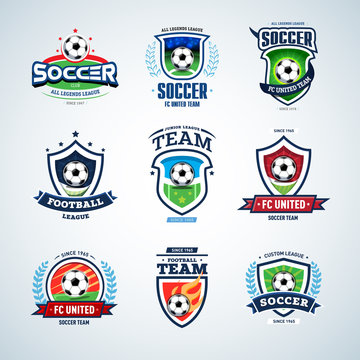 Soccer logo templates mega set. Football logo. Set of soccer football crests and logo template emblem designs, logotypes design concepts of football icons. Collection of Soccer Themed T shirt Graphics