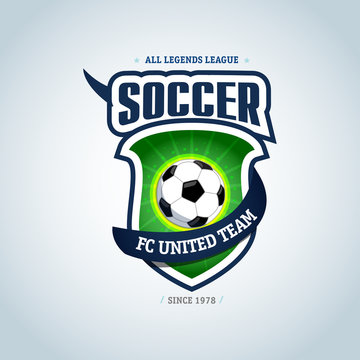 Soccer logo. Green and dark blue soccer football badge logo design template, sport logotype template. Soccer Themed T shirt. Football logo. Vector illustration.