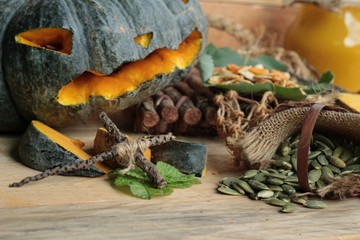 Halloween pumpkin, Halloween theme on wood background
