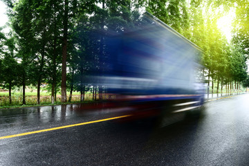 asphalt road with tree lawns under sunshine