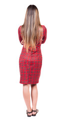 back view of standing young beautiful  woman.
