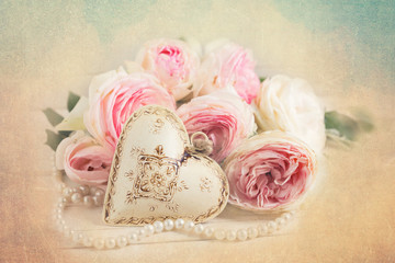 Background with decorative heart and sweet pink roses flowers