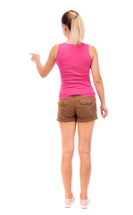 back view of young woman presses down on something.