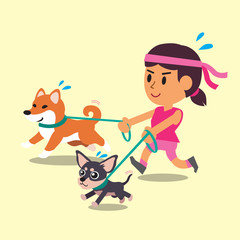 Cartoon a woman running with her dogs