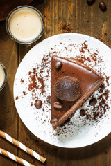 piece of chocolate cake, top view, selective focus