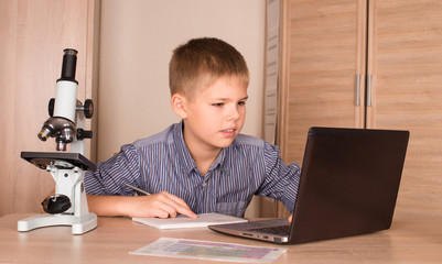 Fototapeta na wymiar Teenage Boy Using Laptop At Home. School Boy with Laptop. Education