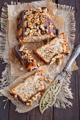 The coffee cake with walnuts and a layer of mascarpone.selective focus