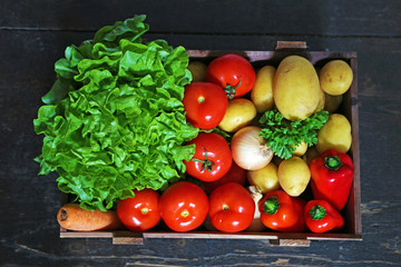 Fototapeta na wymiar Gemüsekiste - Gemüse: Salat, Tomaten, Kartoffeln, Zwiebeln, Karotten