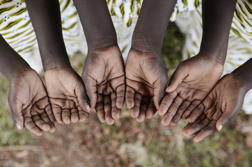 Hands Cupped Black African Children Begging Help Health Peace Education. African black children...