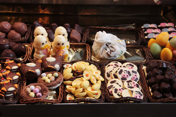 Chocolate delicatessen store in Boqueria Market located at Ramblas street in Barcelona, Spain
