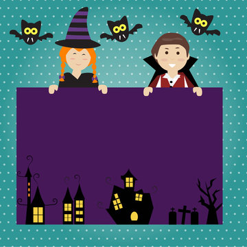 Happy Halloween background with cute little vampire and witch  v