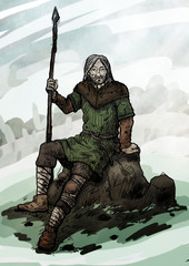 Old viking sitting on a rock