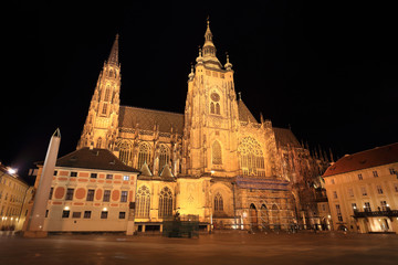 Night gothic St. Vitus' Cathedral on Prague Castle, Czech Republic