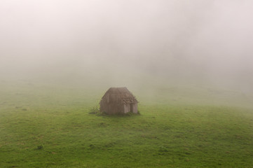 Small old wooden house in foggy forest. Mountains scenery. Natur