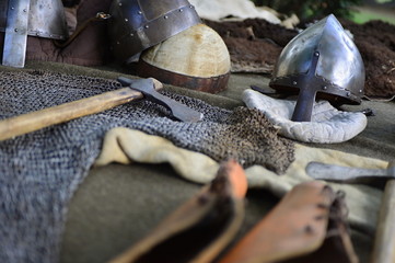 historical helmet and axe