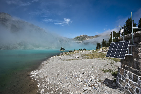 Solar panel in service cabin of Aubert lake dam