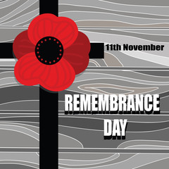 Remembrance Day - Cross with Poppy flower silhouette on wooden desk. November  holiday. Poppy Day illustration. Armistice Day vector background.For memorial day.Vintage.