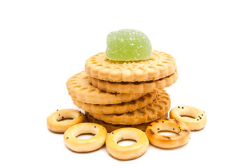 stack of cookies, bagels and fruit candy