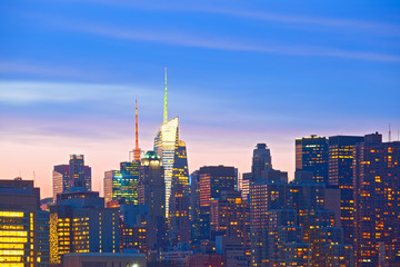 New York City, Manhattan downtown financial business buildings closeup at sunset