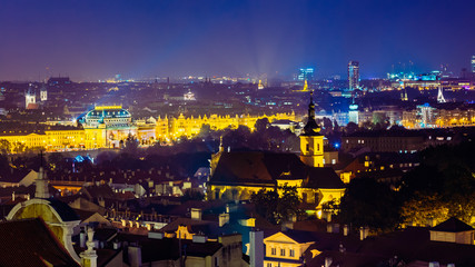 Fototapeta premium Night aerial view of cityscape of Prague, Czech Republic