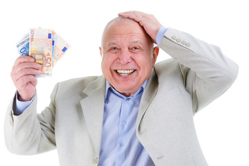 Portrait of Happy and smile old mature businessman in suit, hold euro money in hand and put second hand over head isolated on white background. Positive human emotion, facial expression