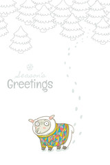 Vintage Christmas and New Year greeting card with cute sheep
