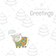 Seasons greetings. Winter card with sheep in knitted sweater
