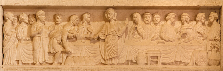 Jerusalem - Marriage at Cana relief in Lutheran Church of Ascension - obrazy, fototapety, plakaty
