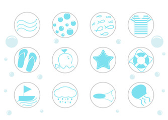 Flat icons with sea creatures and symbols. Vector illustration
