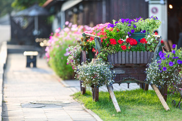 Old wooden cart rebuilt as a flower bed. Lithuania.